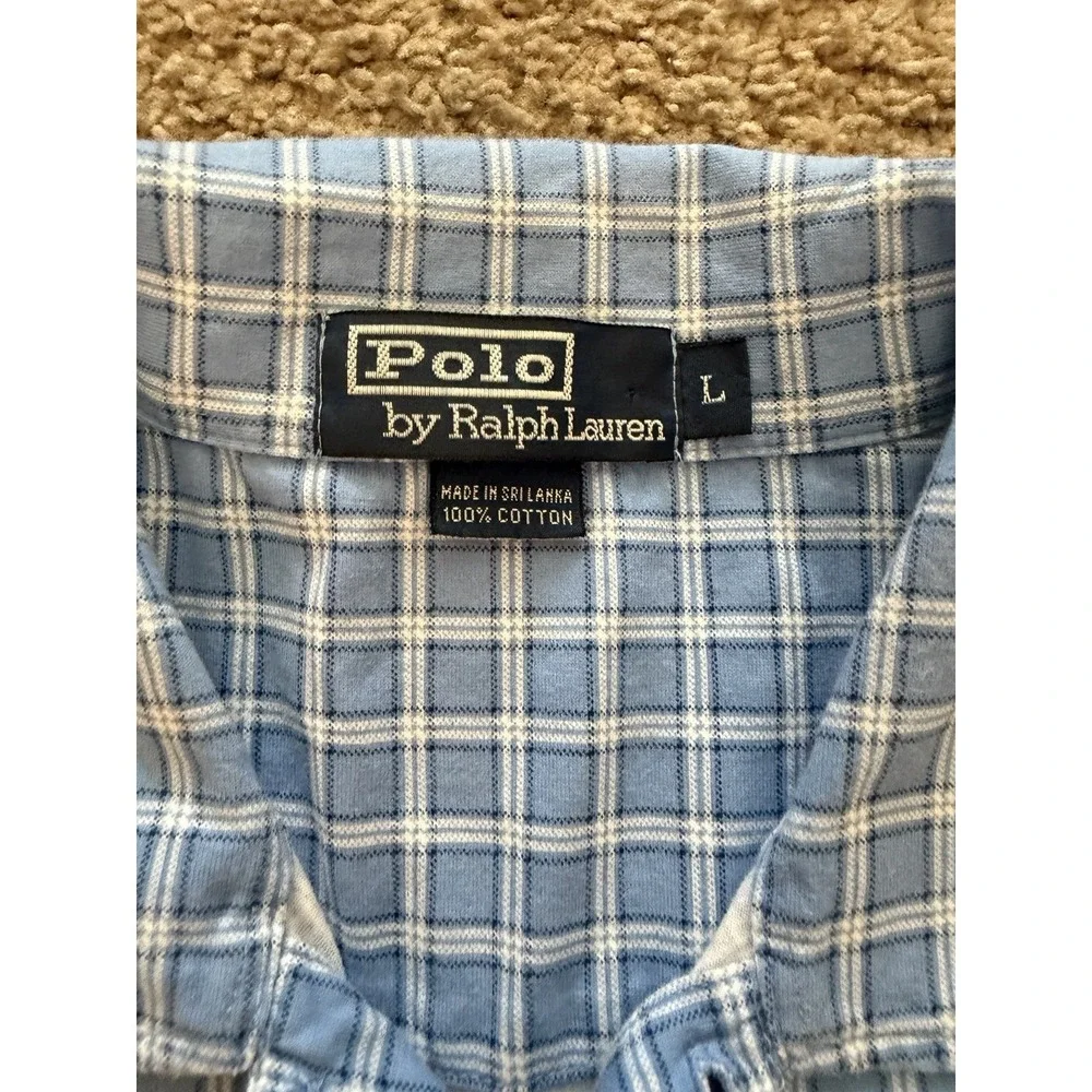 Polo Ralph‎ Lauren Mens Polo Shirt Cotton Blue Plaid Navy Pony Logo Size Large